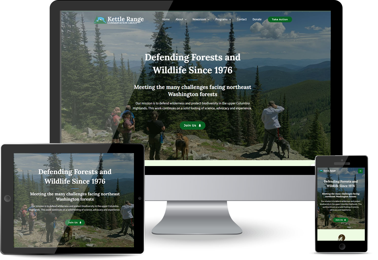 Kettle Range Conservation Group website shown 3 different size devices